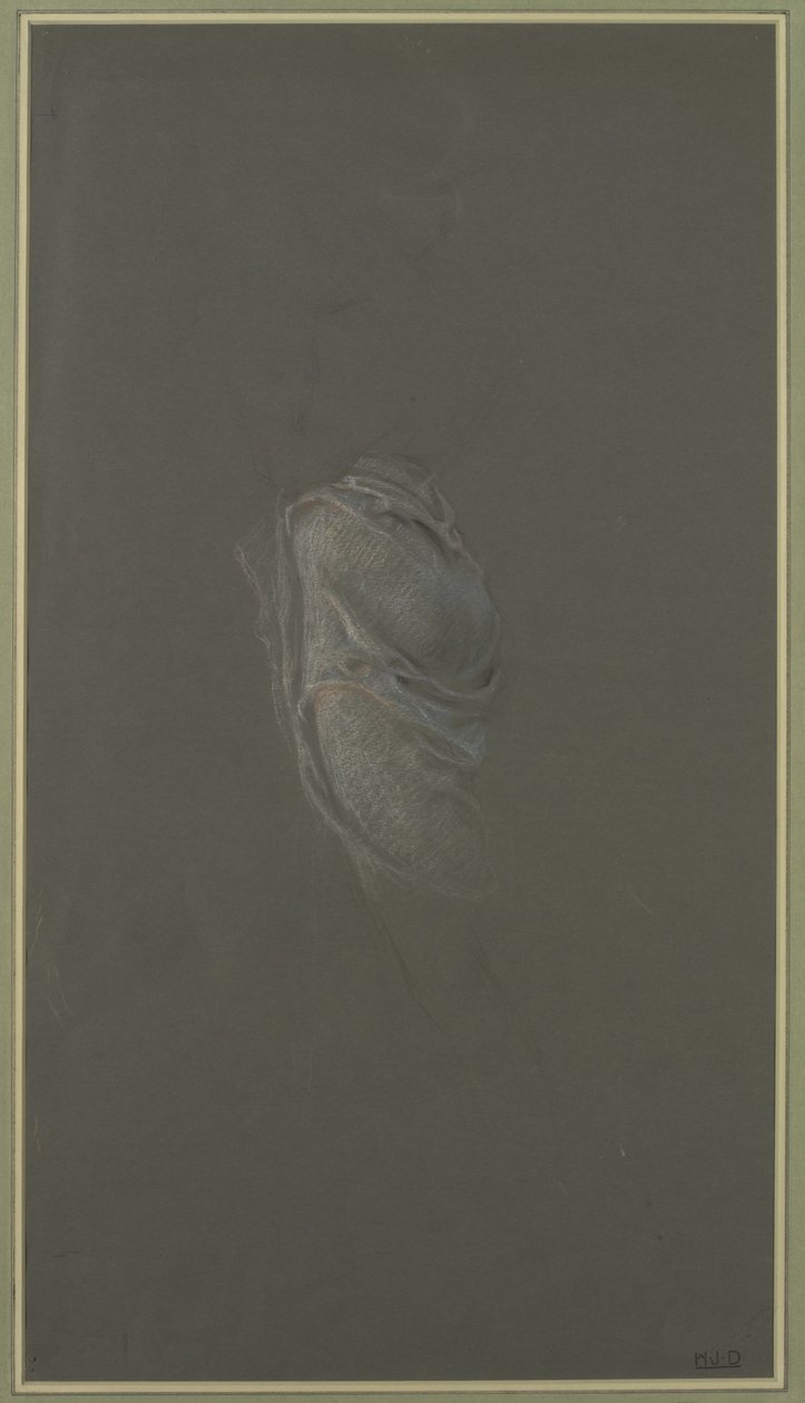Studium draperii do filmu "Dzień i gwiazda zaranna" (różowa, niebieska, czarna i biała kreda na szarym papierze) autorstwa Herbert James Draper