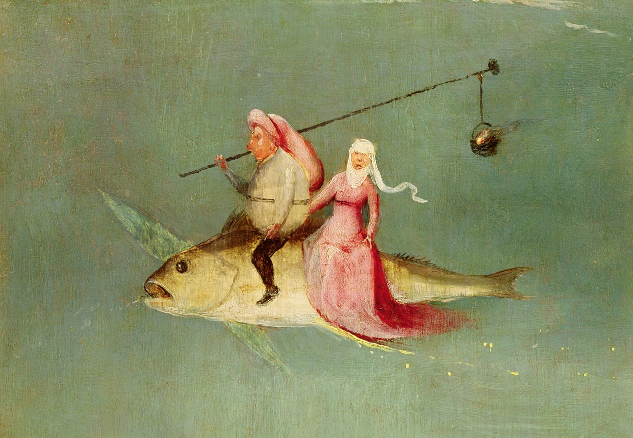 Kuszenie św. Antoniego, prawy panel, fragment pary jadącej na rybie (zob. 35965) autorstwa Hieronymus Bosch