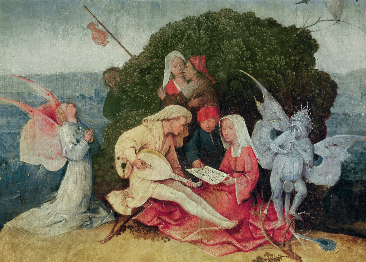 Muzycy na szczycie wozu, fragment środkowego panelu Tryptyku z sianem, ok. 1515 olej na fragmencie panelu z 3429 autorstwa Hieronymus Bosch
