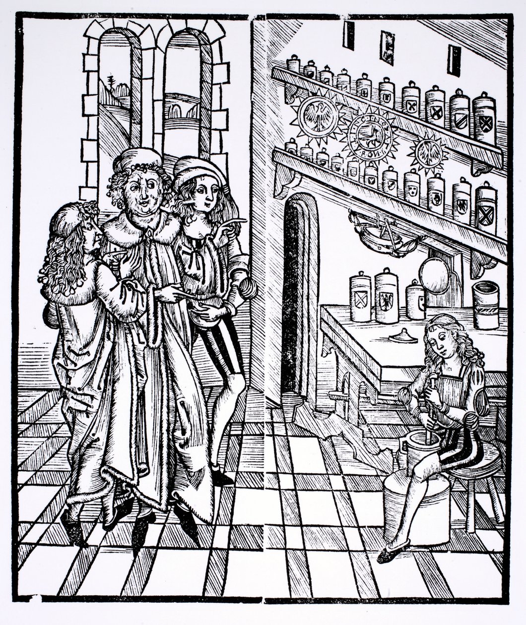 Aptekarz, z „Das Buch der Cirugia” wydanego w Strasburgu, 1497 autorstwa Hieronymus Brunschwig