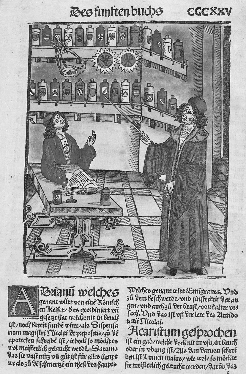 Aptekarz, z „Das Buch der Cirugia” wydanego w Strasburgu, 1497 autorstwa Hieronymus Brunschwig