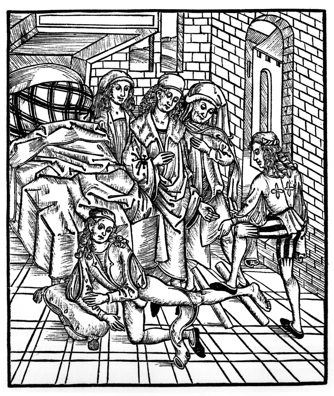 Chirurg kieruje jako asystent łamie i ustawia nogę, z „Das Buch der Cirugia”, opublikowane w Strasburgu, 1497 autorstwa Hieronymus Brunschwig