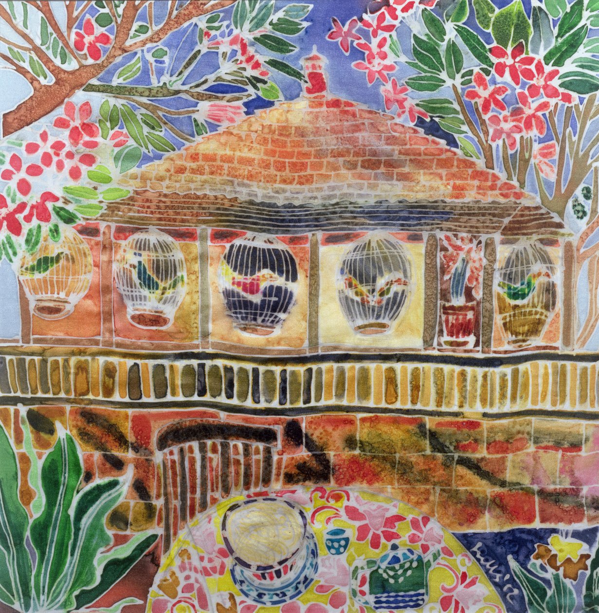Lotus Cafe, Ubud, Bali, 2002 (kolorowy tusz na jedwabiu) autorstwa Hilary Simon