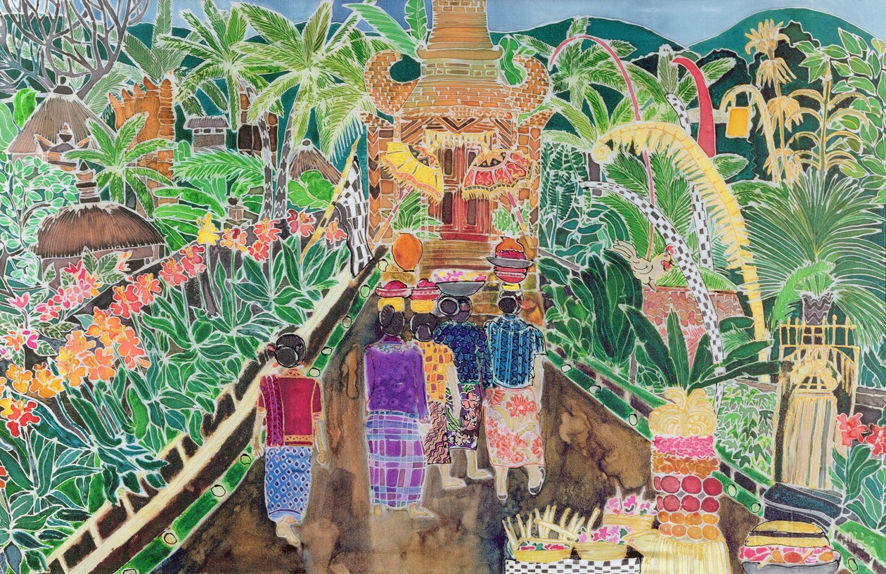 Procesja, Peliatan, Bali, 1996 (tusz kolorowy na jedwabiu) autorstwa Hilary Simon