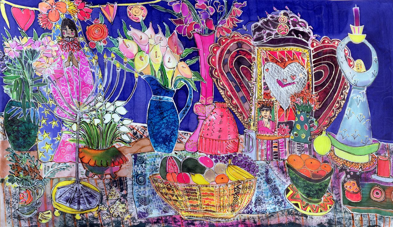 Martwa natura z sercem Kyry, 2005 (barwniki na jedwabiu) autorstwa Hilary Simon