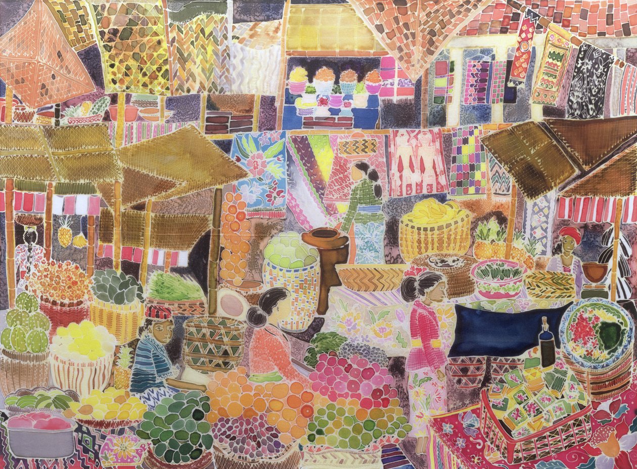 Ubud Market, Bali, 2002 (kolorowy tusz na jedwabiu) autorstwa Hilary Simon