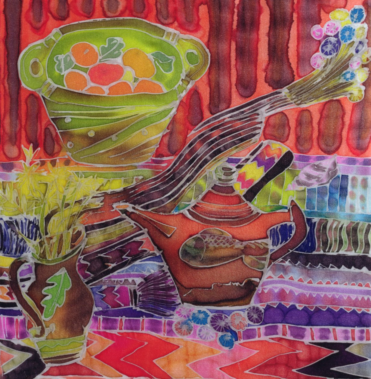 Czajnik i tekstylia, 2006 (barwniki na jedwabiu) autorstwa Hilary Simon