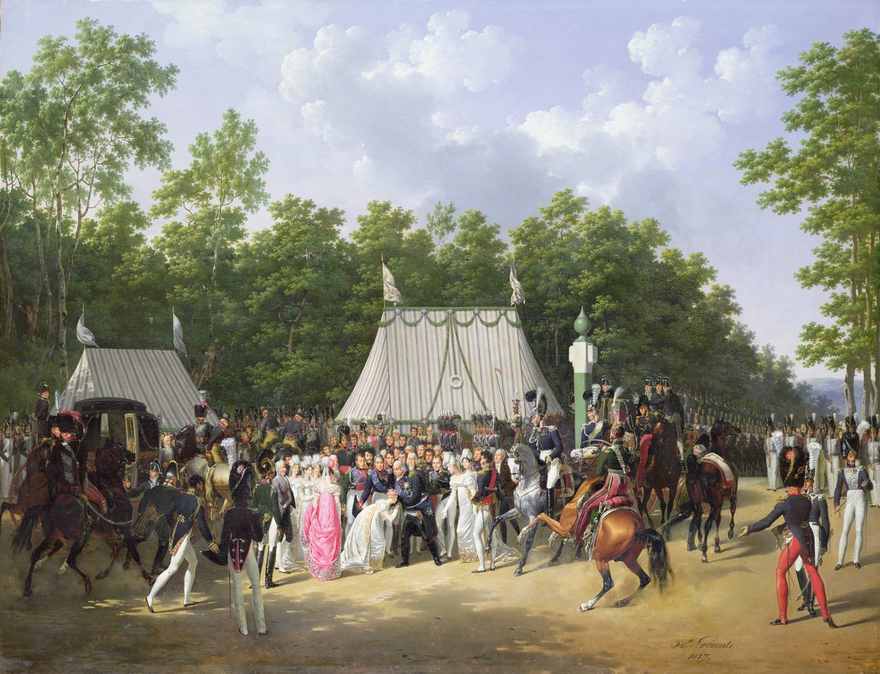 Ludwik XVIII (1755-1824) Powitanie Marie-Caroline-Ferdinande de Bourbon, księżniczki Sycylii, przy Croix de Saint-Herem w Lesie w Fontainebleau, 15 czerwca 1816, 1817 autorstwa Hippolyte Lecomte