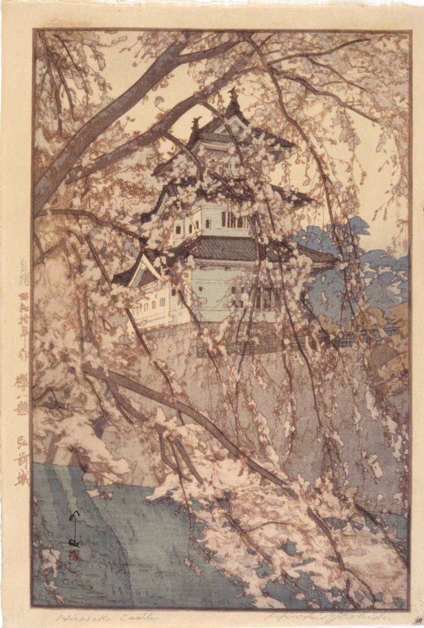 Zamek Hirosaki (kolorowy drzeworyt) autorstwa Hiroshi Yoshida