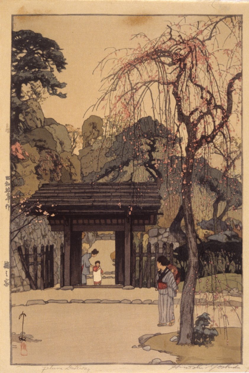 Plum Gateway (kolorowy drzeworyt) autorstwa Hiroshi Yoshida