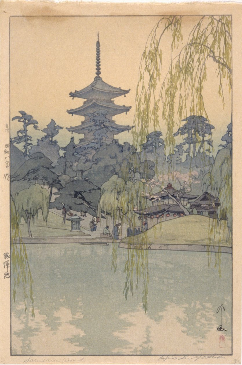 Sarusawa Pond (kolorowy drzeworyt) autorstwa Hiroshi Yoshida