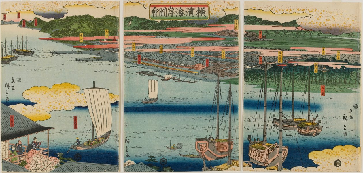 Obraz wybrzeża Jokohamy, okres Edo, 1860 (kolorowy drzeworyt) autorstwa Hiroshige II