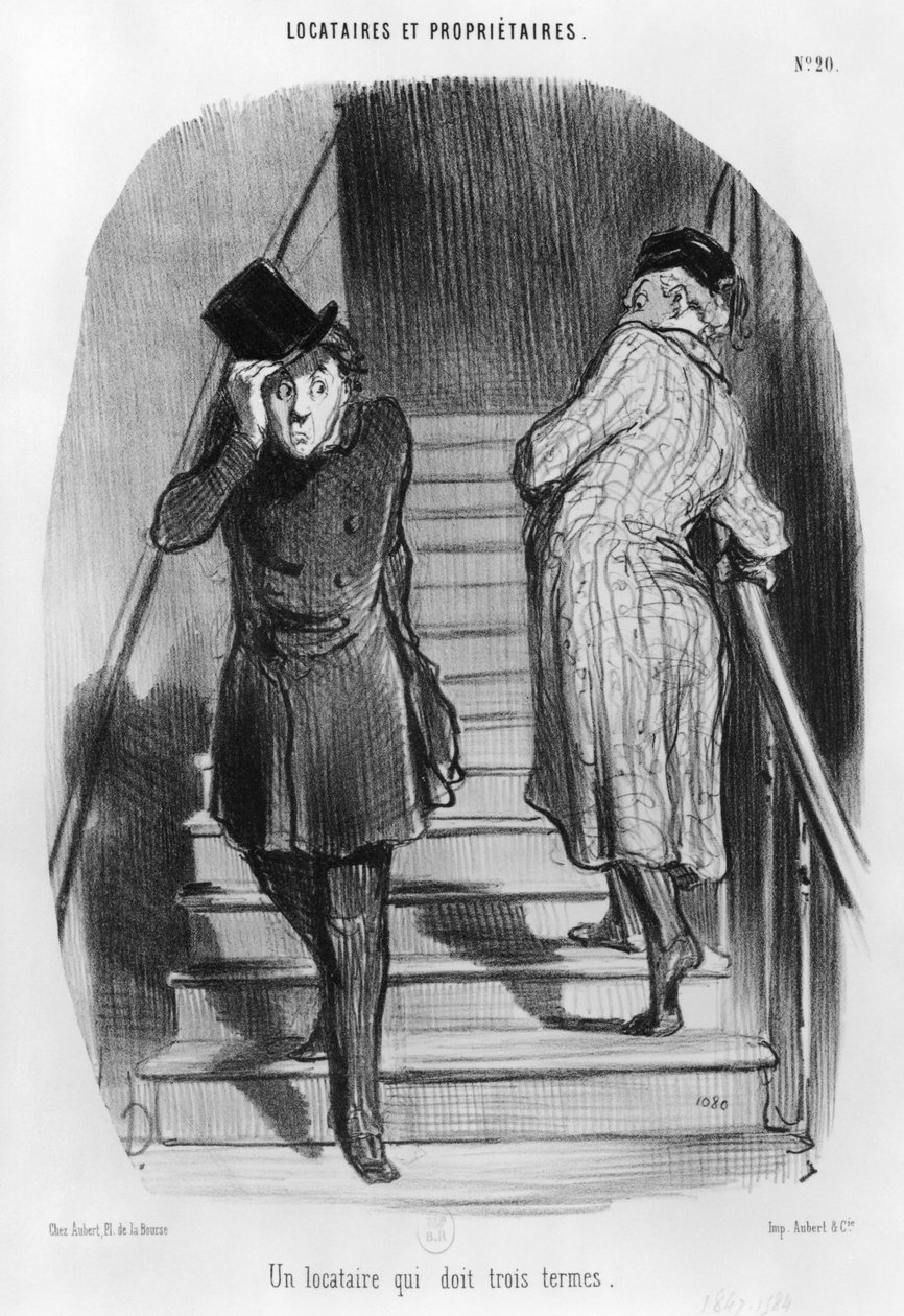 Lokator winien trzy terminy, tablica 20 z serii „Lokatorzy i właściciele”, autorstwa Honoré Daumier