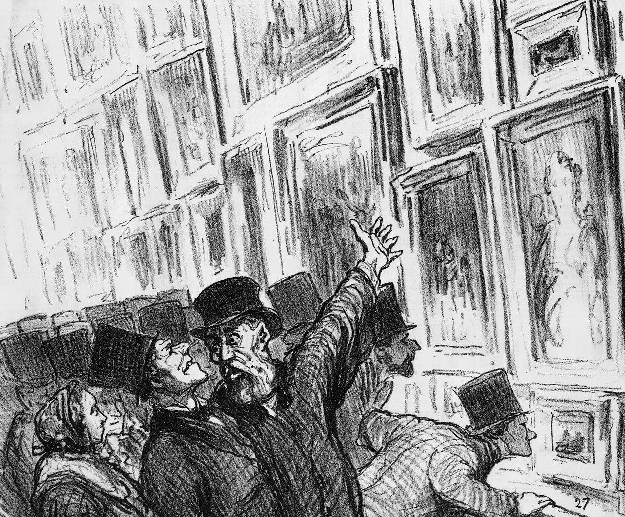 Artysta pocieszany na Salonie Paryskim w 1859 r. w związku z pozycją jego dzieła na wystawie, karykatura z magazynu "Le Charivari", 20 kwietnia 1859 r. autorstwa Honoré Daumier
