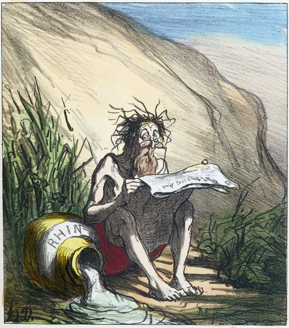 Diogenes (zm. 320 p.n.e.) czyta gazetę, ok. 1870 r. (litografia kolorowa) autorstwa Honoré Daumier