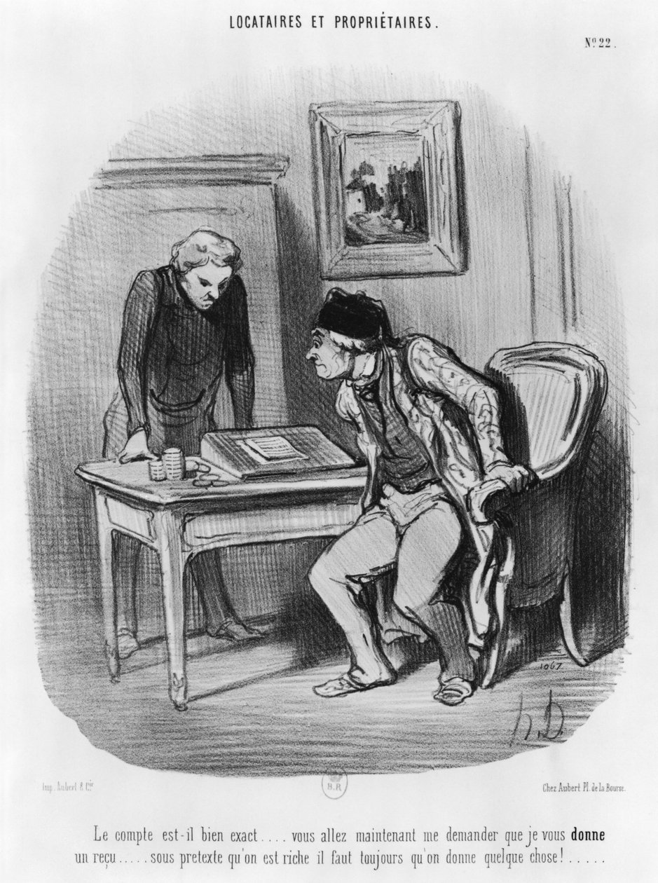 „Czy to właściwa ilość”, tablica 22 z serii „Lokatorzy i właściciele”, autorstwa Honoré Daumier