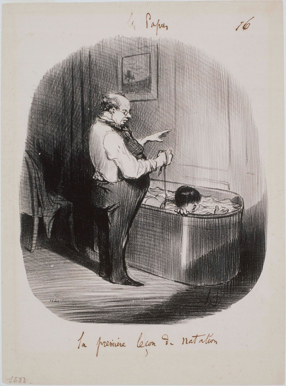 Les Papas- Pierwsza lekcja pływania autorstwa Honoré Daumier