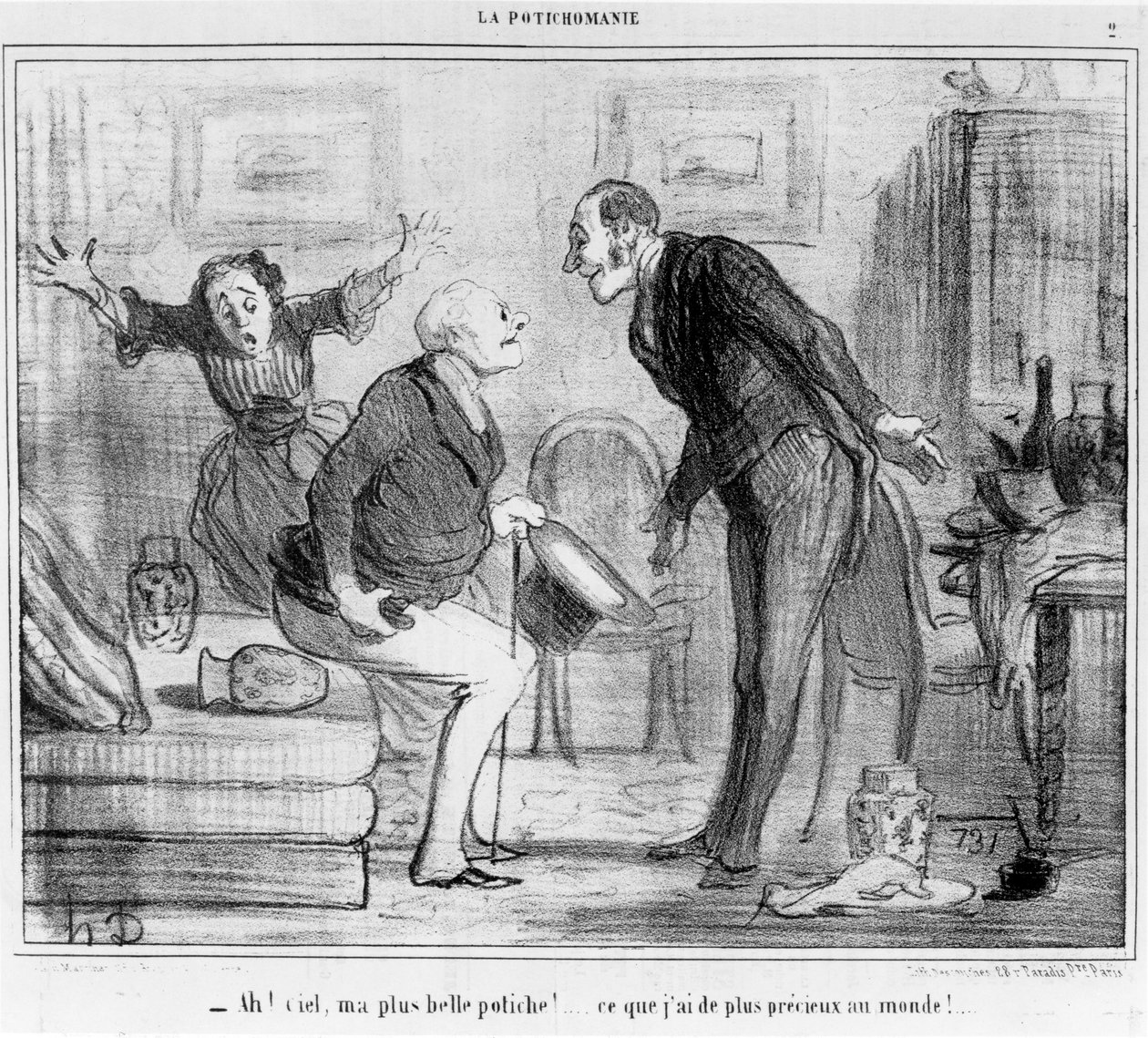 „O Boże, moja najpiękniejsza wazo... moja najcenniejsza własność na tym świecie”, rysunek z cyklu „La Potichomanie” w „le Charivari”, 20 stycznia 1855 autorstwa Honoré Daumier