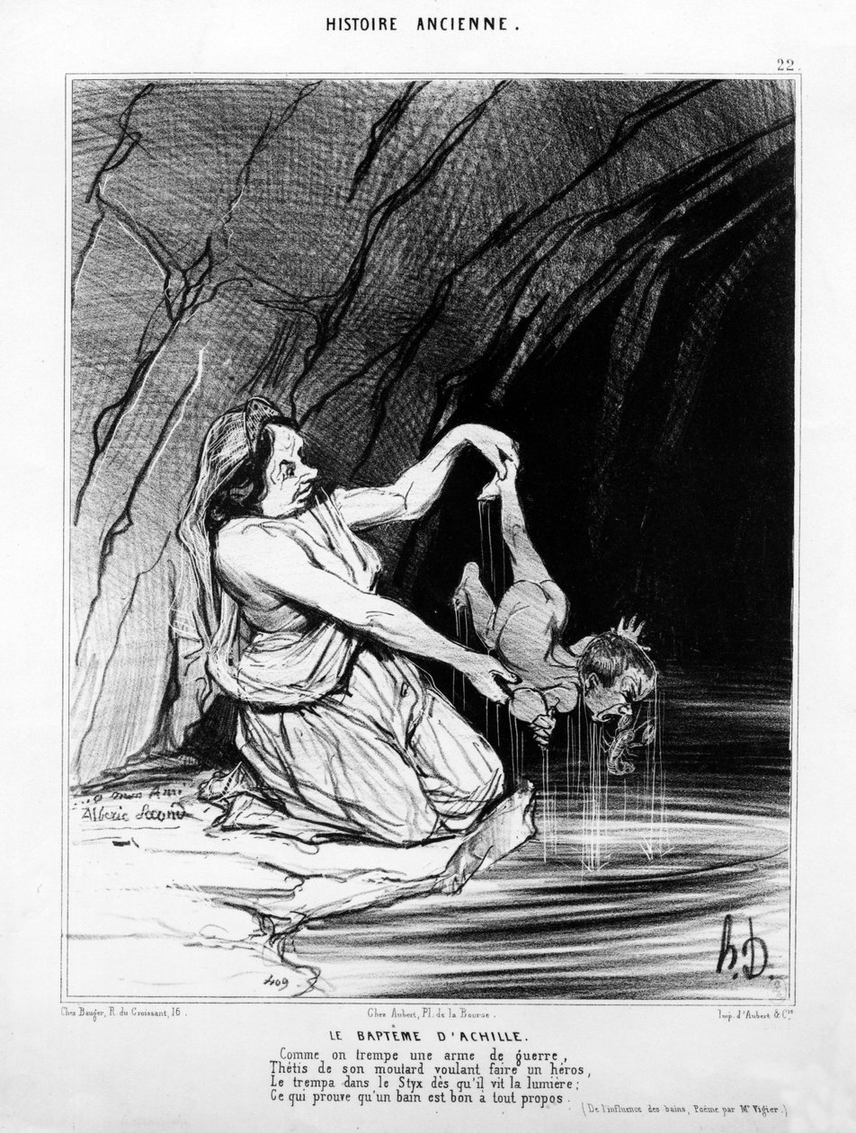 Chrzest Achillesa, opublikowany w „Le Charivari”, 28 sierpnia 1842 r. autorstwa Honoré Daumier