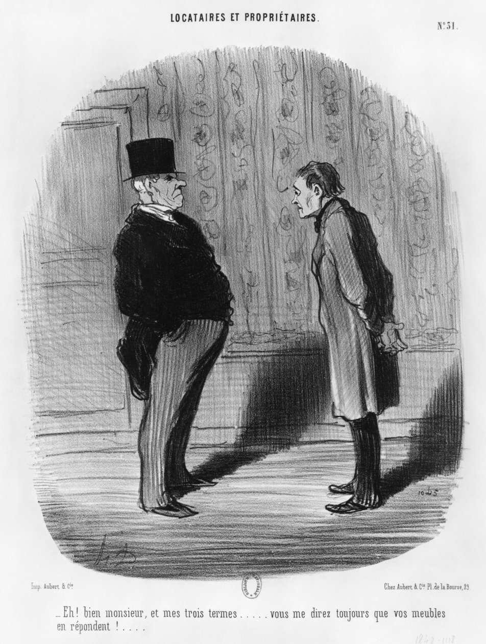 „No Panie, co z moimi trzema terminami”, tablica 31 z serii „Lokatorzy i właściciele”, 1848 autorstwa Honoré Daumier