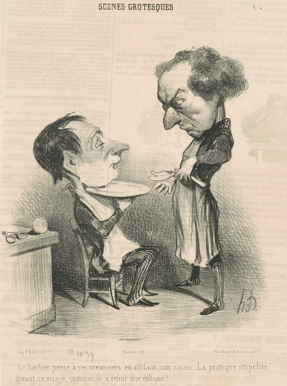 Fryzjer myśli o swoich wierzycielach... autorstwa Honoré Daumier