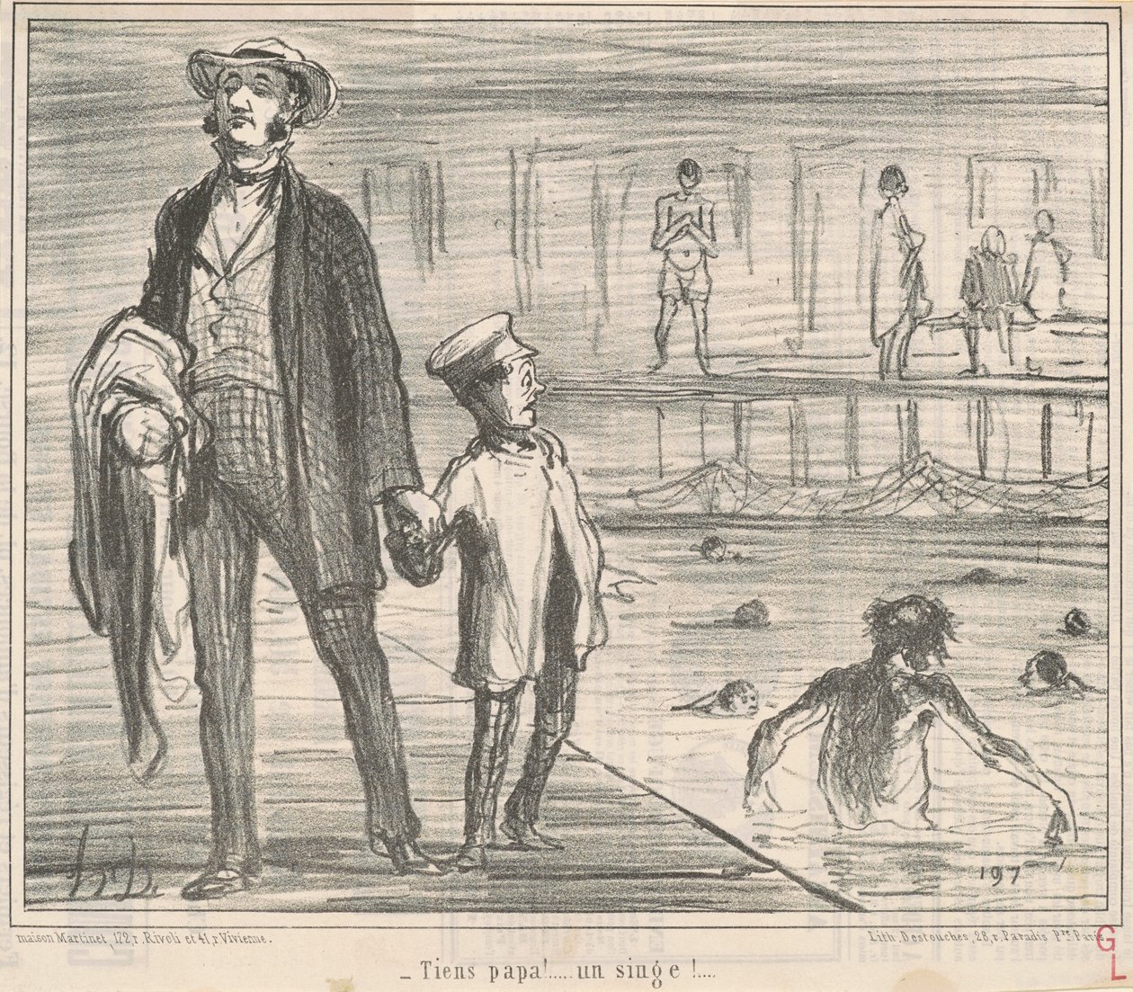 Tutaj tatusiu! ... małpa! ... autorstwa Honoré Daumier