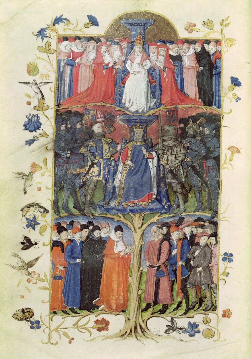 Ms 2695 f.6v Drzewo bitew: król Karol VII (1403-61) między delfinem, późniejszy Ludwik XI (1423-83) po jego prawej i lewej stronie, Artur, hrabia Richmond, konstabl Francji (1425- 58) i D autorstwa Honore Bonnet