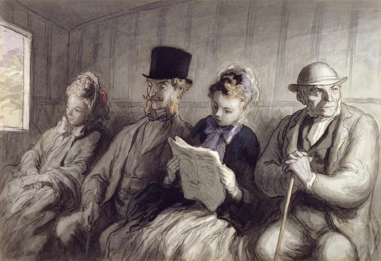 Wagon pierwszej klasy, 1864 (wc mycie tuszem i węgiel na papierze) autorstwa Honoré Daumier