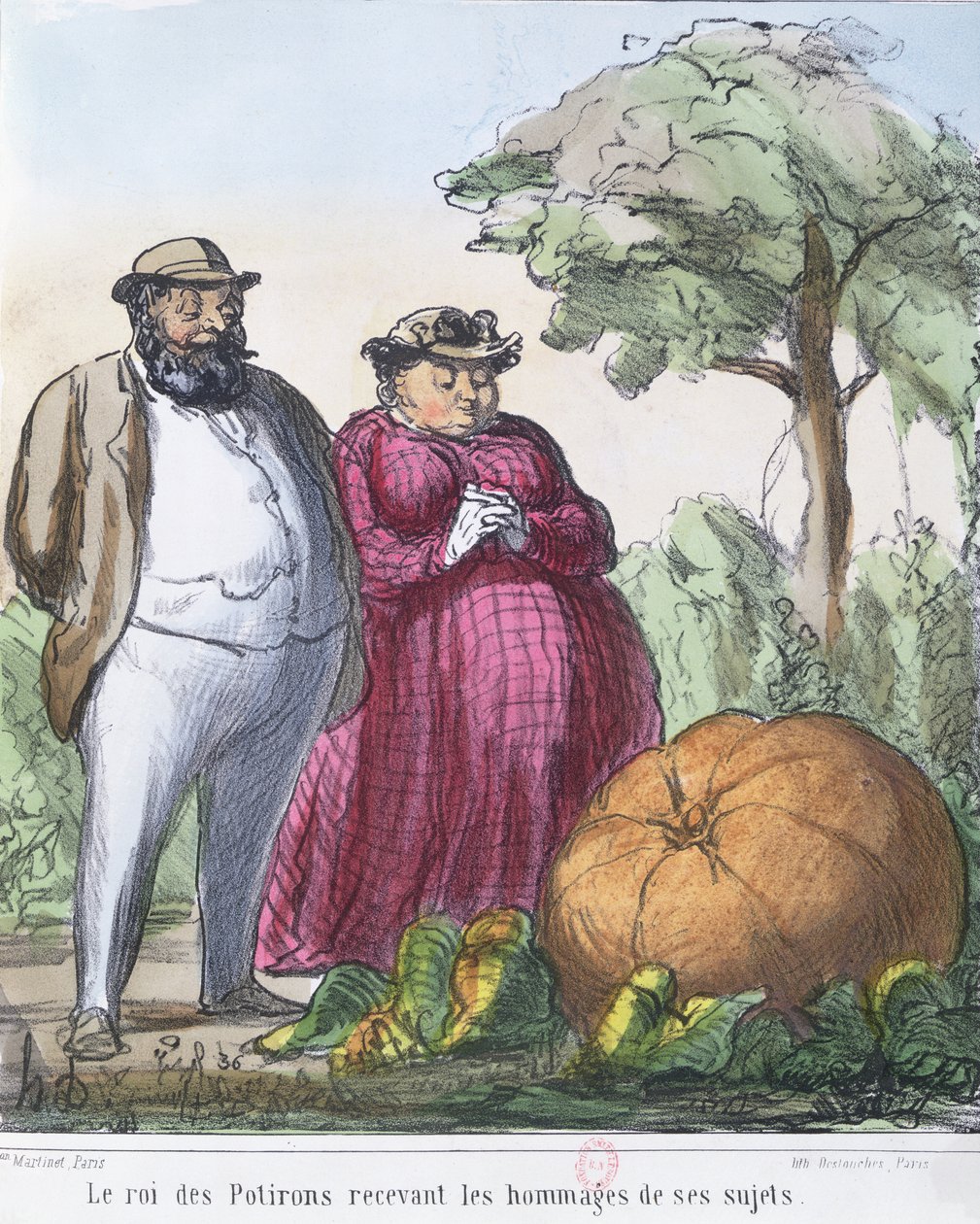 „Król dyni odbierający hołd swoich poddanych” (kolor grawerunek) autorstwa Honoré Daumier