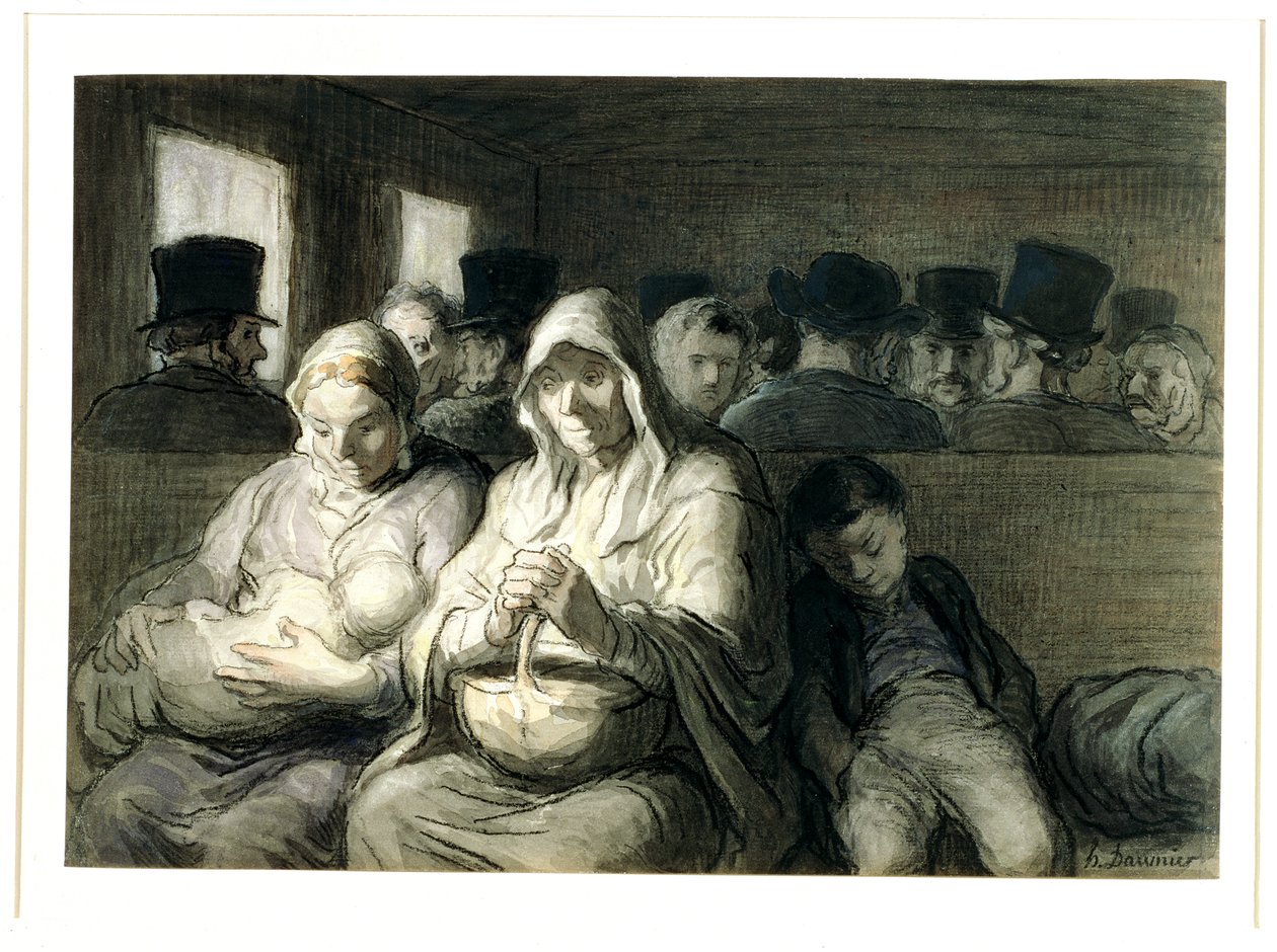 Powóz trzeciej klasy, 1864 (wc mycie tuszem i węgiel na papierze) autorstwa Honoré Daumier