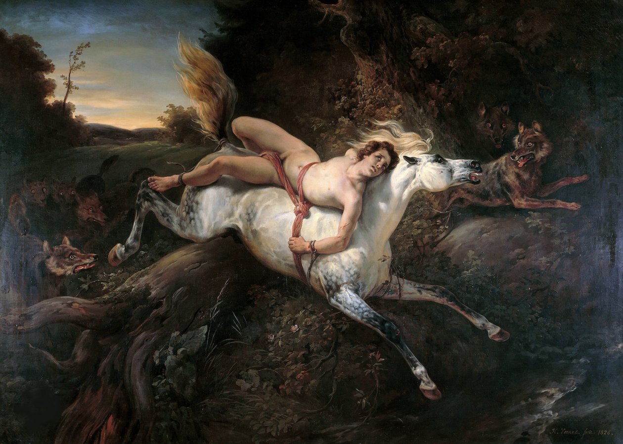 Mazeppa i wilki, 1826. autorstwa Emile Jean Horace Vernet