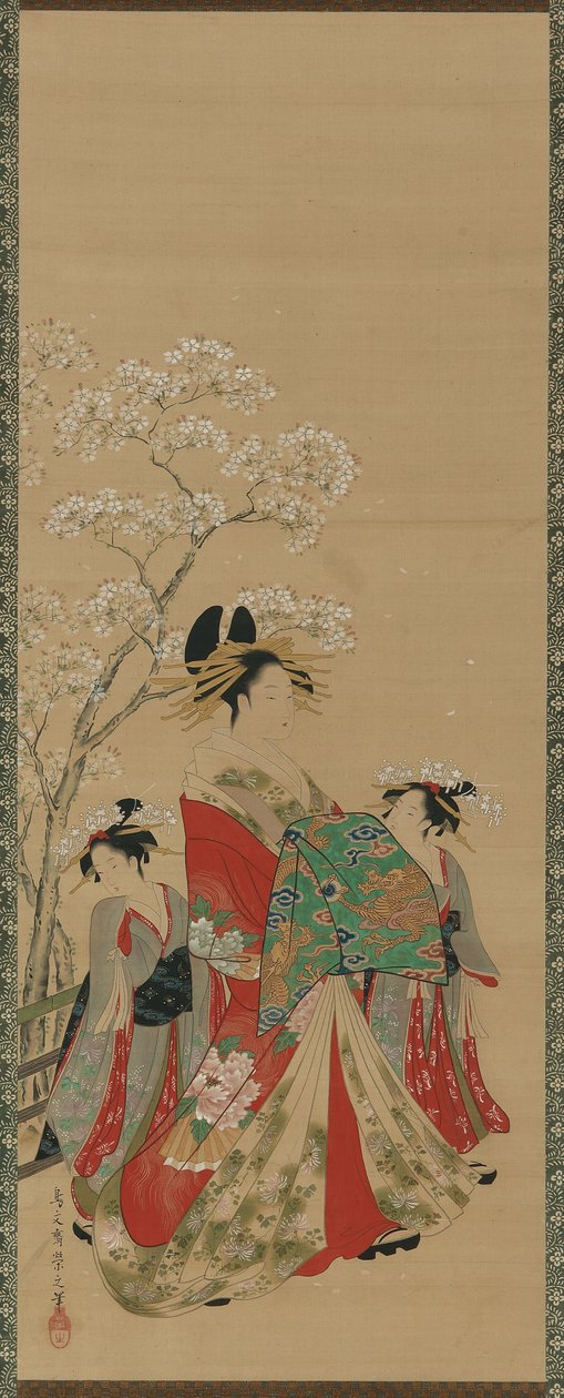 Beauties of the Seasons - Wiosna, Edo Edo, koniec XVIII - początek XIX wieku (tusz, kolor i złoto na jedwabiu) autorstwa Hosoda Eishi