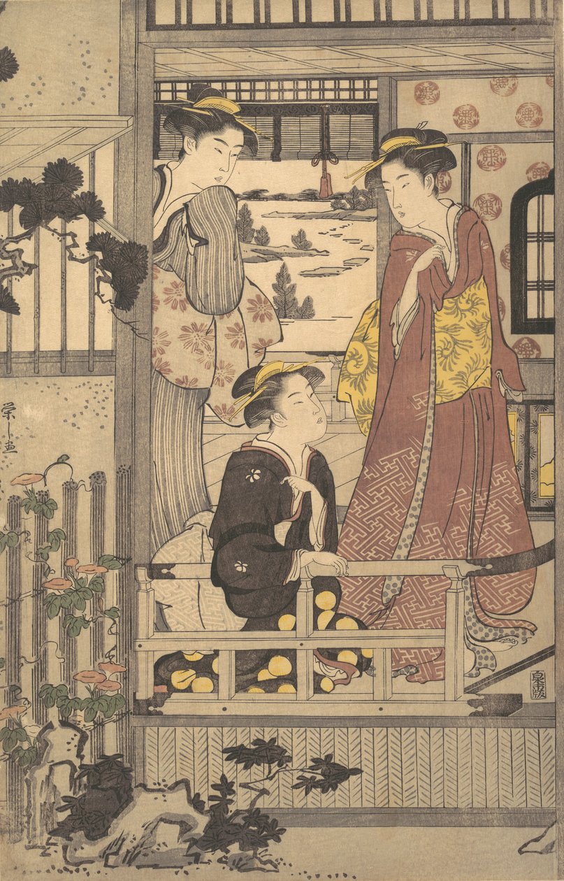 Trzy kobiety na werandzie, 1756-1829. autorstwa Hosoda Eishi