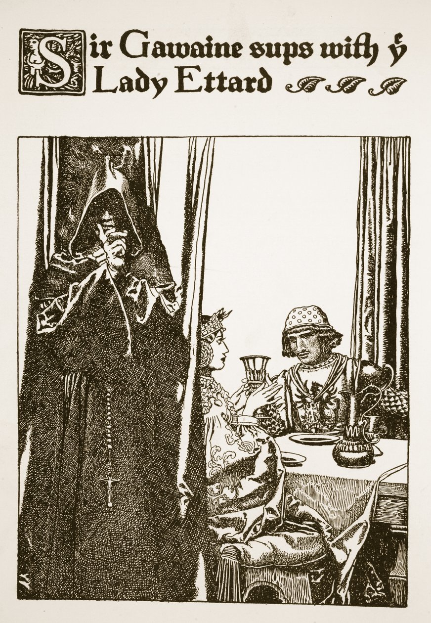 Sir Gawaine sups z panią Ettard, ilustracja z „Historii króla Artura i jego rycerzy”, 1903 autorstwa Howard Pyle