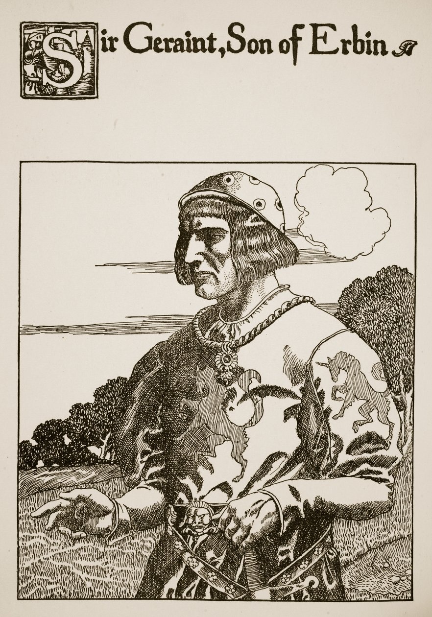 Sir Geraint, syn Erbina, ilustracja z „Historii o Graalu i odejściu Artura”, ok. 1910 autorstwa Howard Pyle