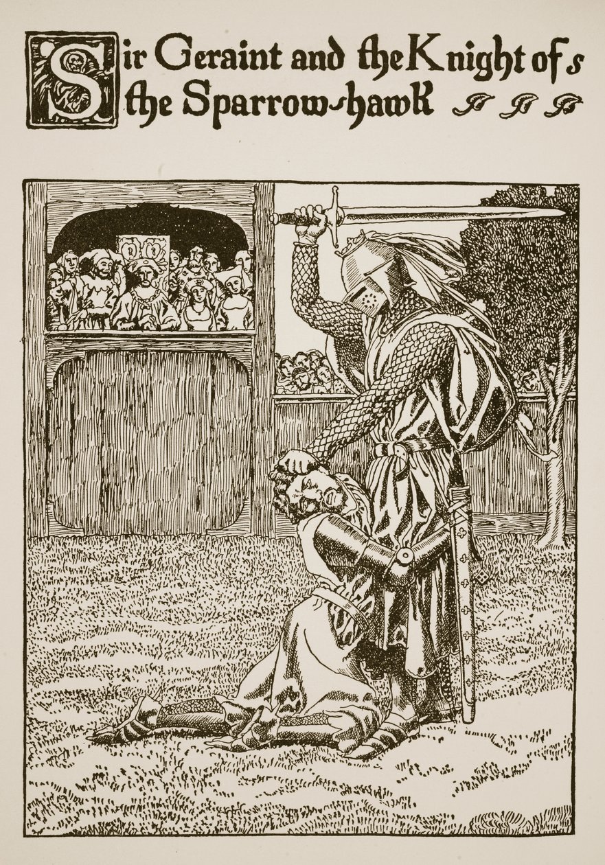 Sir Geraint i rycerz wróbla jastrzębia, ilustracja z „Historia Graala i odejście Artura”, ok. 1910 autorstwa Howard Pyle