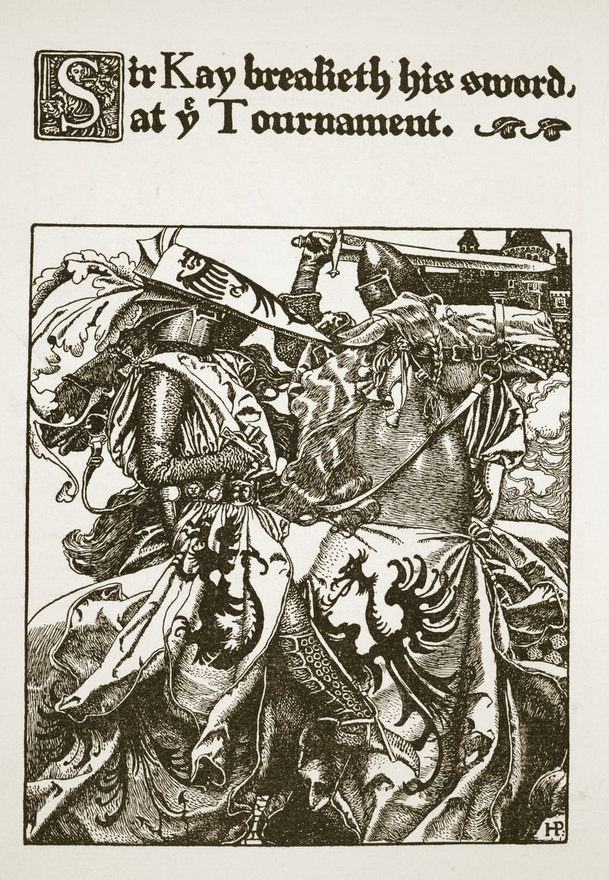 Sir Kay łamie miecz podczas turnieju, ilustracja z „Historii króla Artura i jego rycerzy”, 1903 autorstwa Howard Pyle