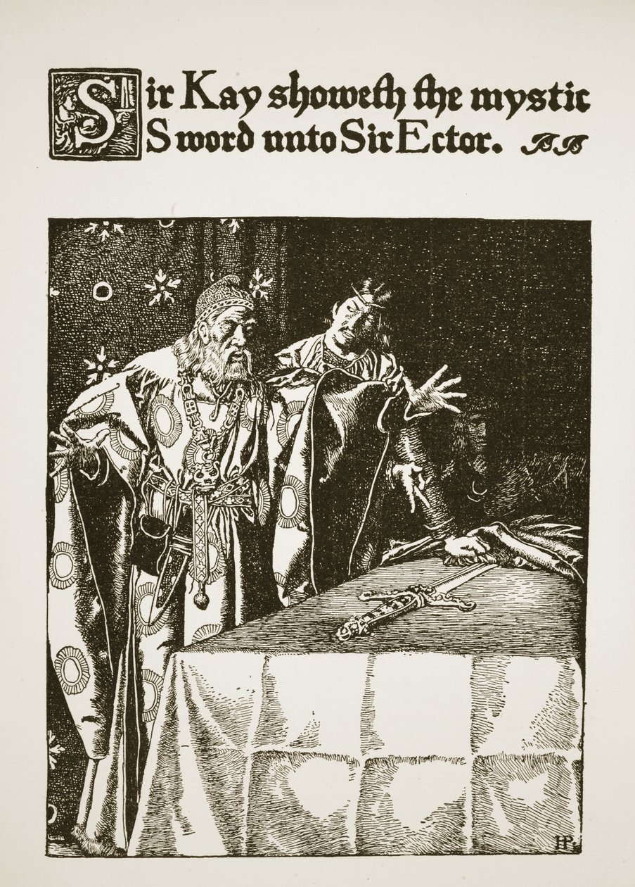 Sir Kay pokazuje mistyczny miecz Sir Ectorowi, ilustracja z „Historii króla Artura i jego rycerzy”, 1903 autorstwa Howard Pyle