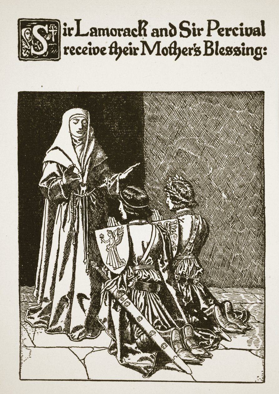 Sir Lamorack i Sir Percival otrzymują błogosławieństwo matki, ilustracja z „Historii Sir Launcelota i jego towarzyszy”, 1907 autorstwa Howard Pyle