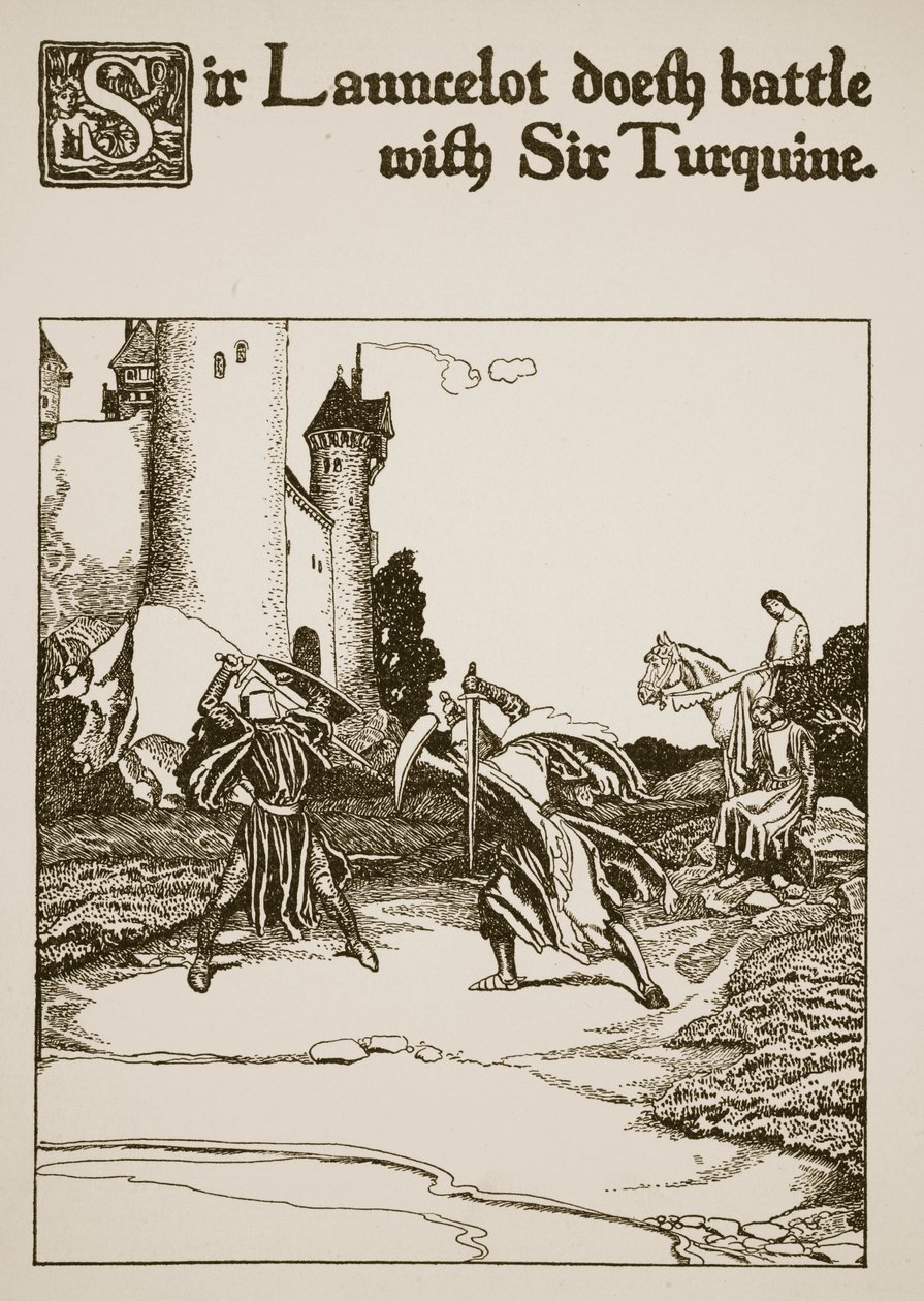 Sir Launcelot walczy z Sir Turquinem, ilustracja z „Historii mistrzów Okrągłego Stołu” autorstwa Howard Pyle