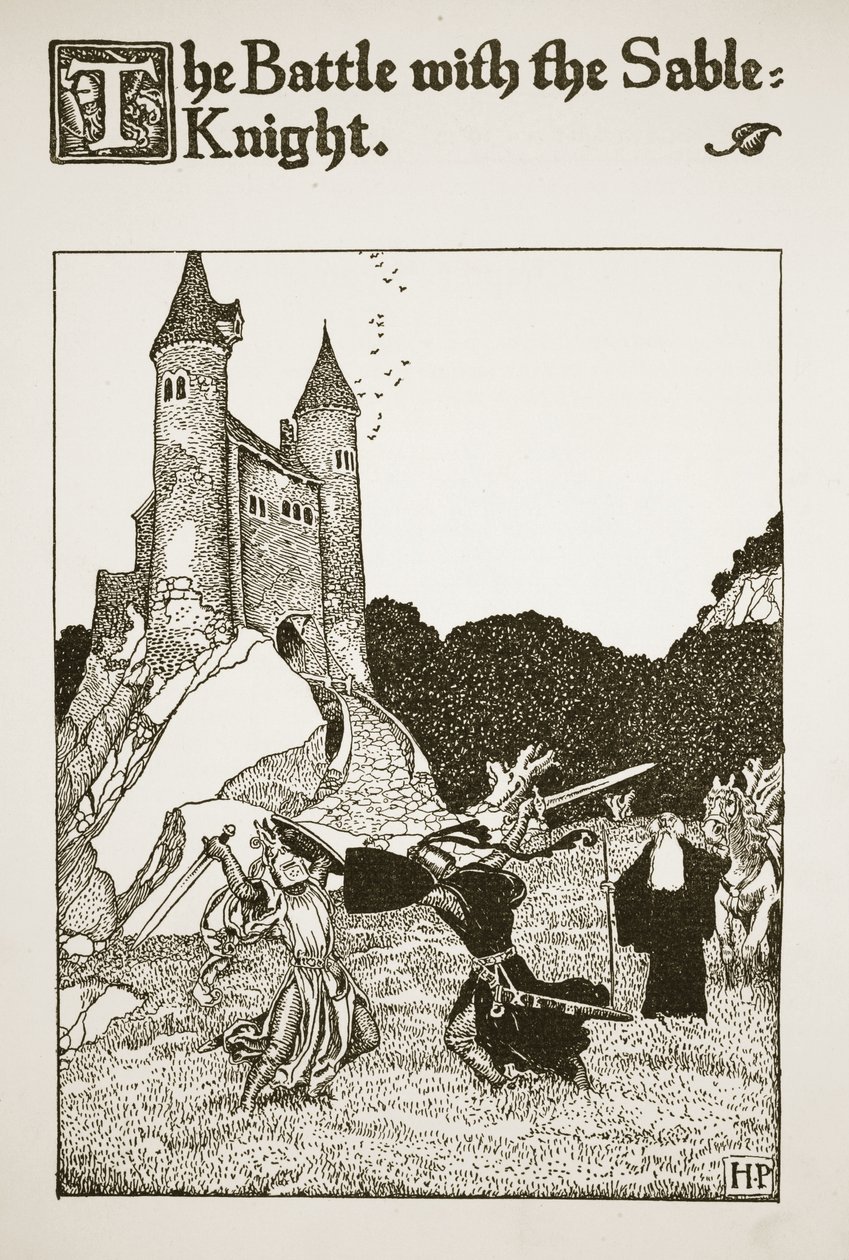 Bitwa z sobolowym rycerzem, ilustracja z "Opowieści o królu Arturze i jego rycerzach", 1903 autorstwa Howard Pyle
