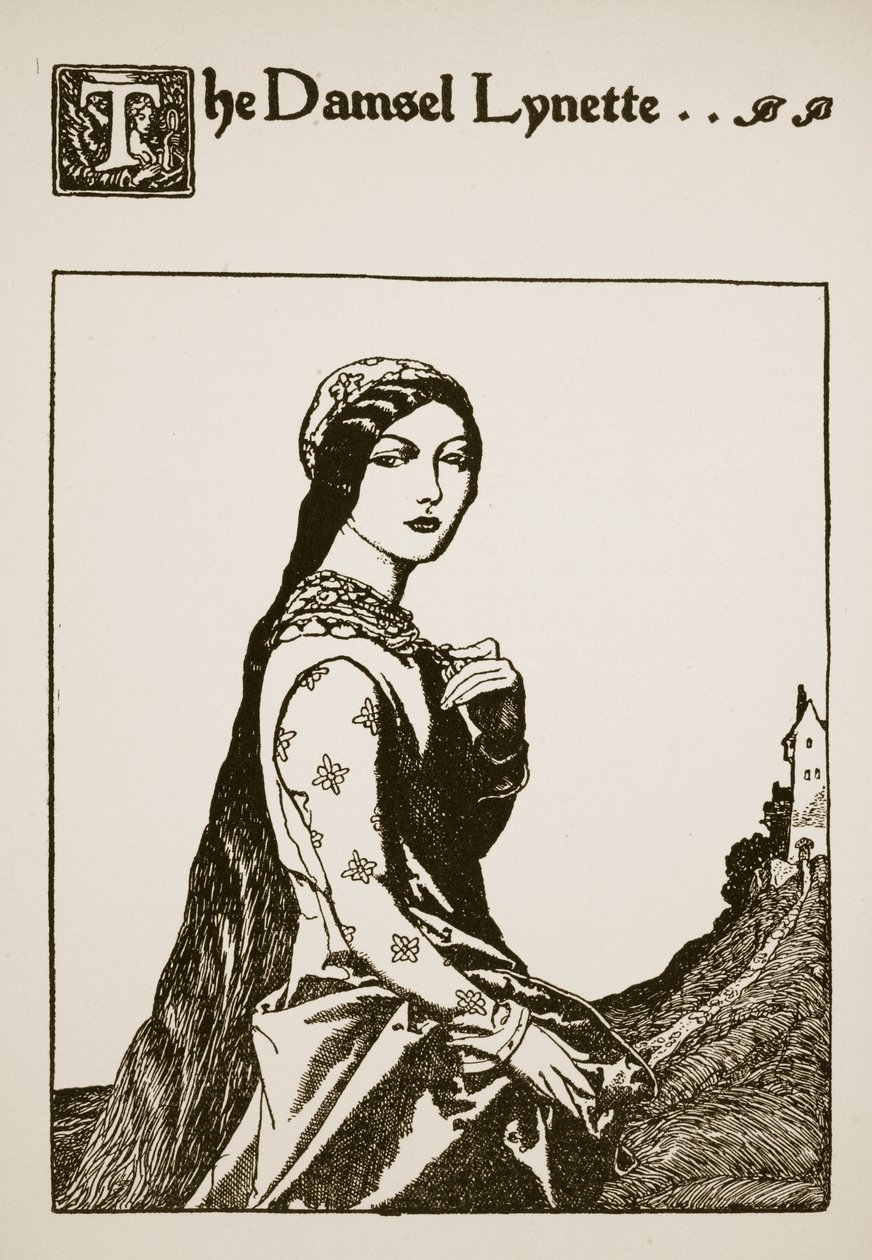 Dama Lynette, ilustracja z "Opowieści o sir Launcelocie i jego towarzyszach", 1907 autorstwa Howard Pyle