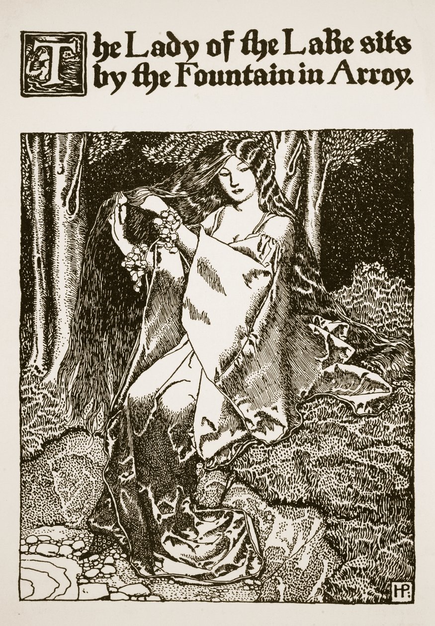 Pani Jeziora siedzi przy fontannie w Arroy, ilustracja z „Historii króla Artura i jego rycerzy”, 1903 autorstwa Howard Pyle