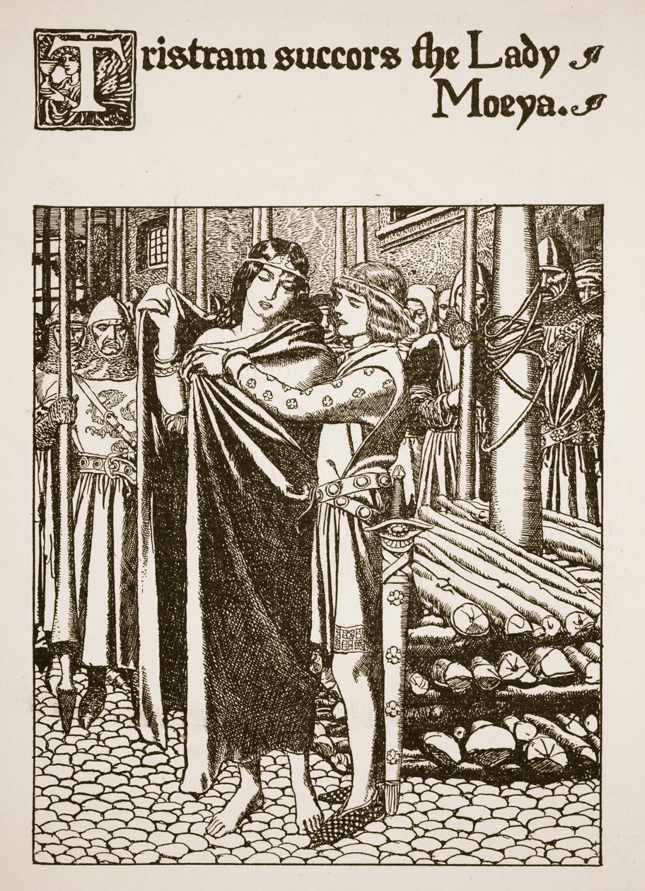 Tristram w sukurs lady Moeyi, ilustracja z "Opowieści o mistrzach Okrągłego Stołu". autorstwa Howard Pyle