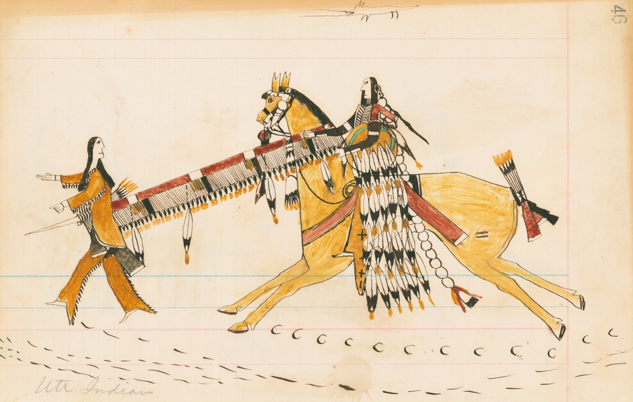 Indianin Ute, 1874-75 (pióro, atrament i toaleta na papierze księgowym) autorstwa Howling Wolf