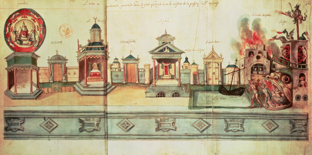 Хатагтай fr.12536 f.2 Валенсиений нууцлаг жүжгийн үзэмж, 1547 (гуашь ба бэх)поли autorstwa Hubert Cailleau