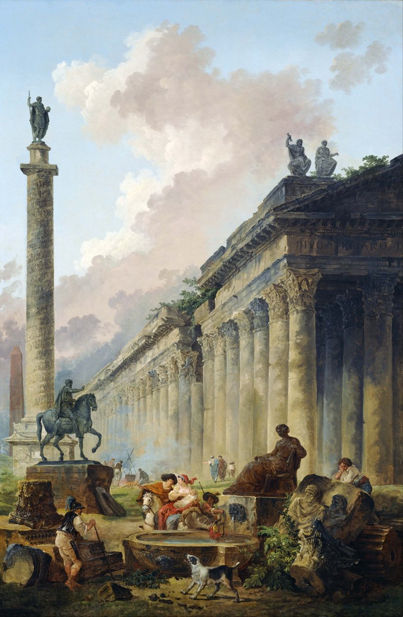Wyimaginowany rzymski krajobraz z konnym posągiem Marka Aureliusza, Kolumną Trajana i świątynią. autorstwa Hubert Robert