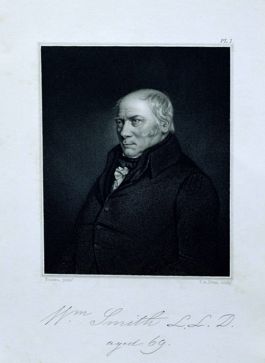 Portret Williama Smitha (1769-1839) w wieku 69 lat, frontyspis z Wspomnienia Williama Smitha autorstwa jego siostrzeńca i ucznia Johna Phillipsa, grawerowany przez T.A. Dziekan (fl.1818-1850) wyd. przez Johna Murraya, 1844 (gravi autorstwa Hugues Fourac