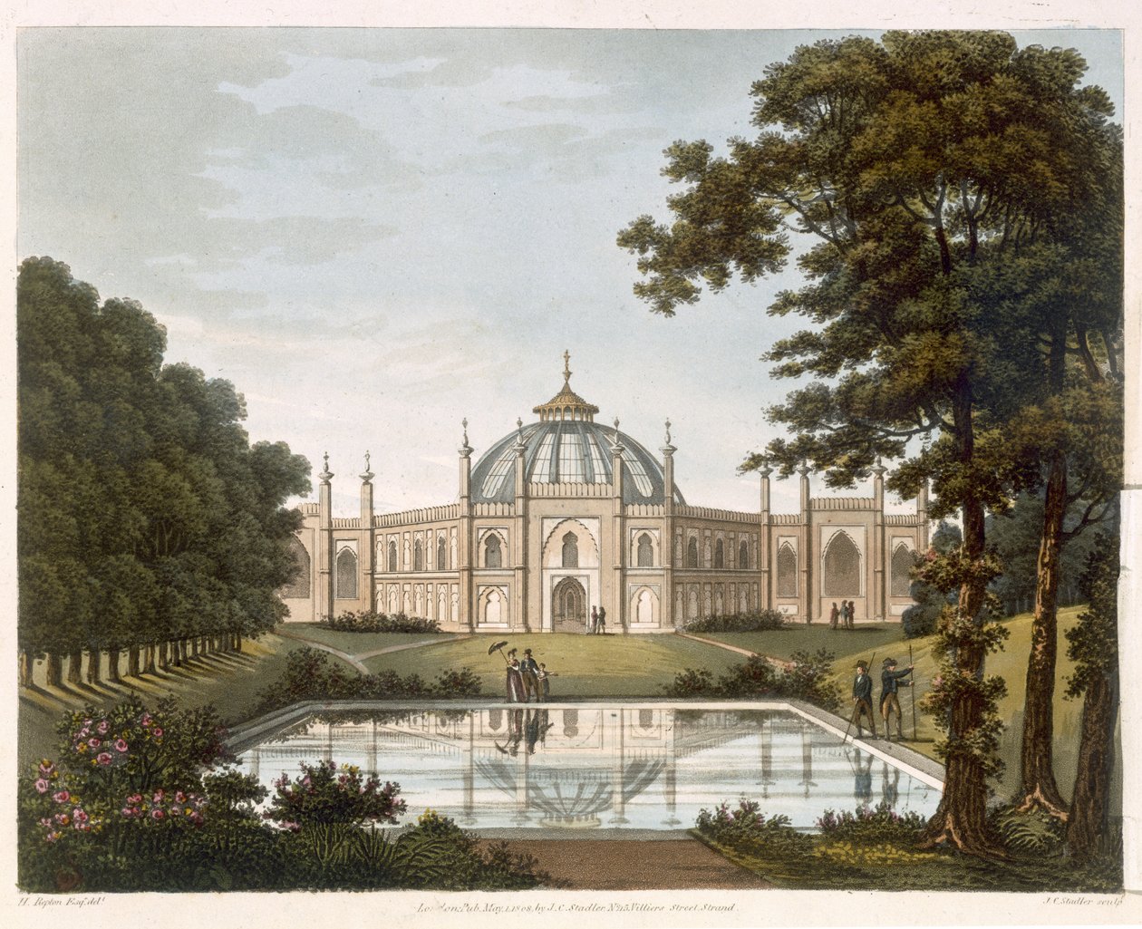 Brighton Pavilion: Proponowany widok ogrodu z częścią Brighton Pavilion w tle, grawerowany przez J. C. Stadlera, ok. 1816 autorstwa Humphry Repton