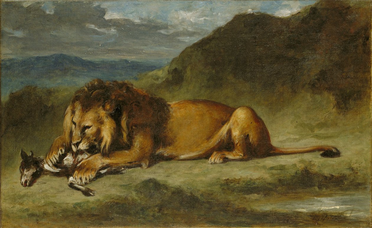 Lew pożerający kozę autorstwa Imitator of Eugène Delacroix